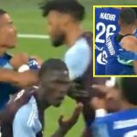 Mason Greenwood grabbed by the collar by ex-England teammate who rips shirt in heated scrap