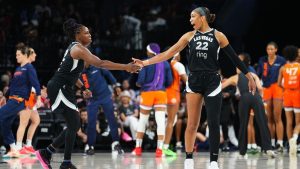 Aces’ Wilson first with 30-point, 20-rebound game