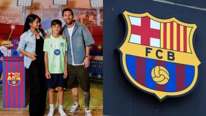 The Messi family still love Barcelona! Argentina superstar Leo & wife Antonela Roccuzzo celebrate son Thiago’s birthday with Blaugrana-themed party