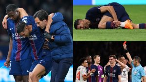 PSG star Achraf Hakimi forced off in tears after brutal foul by Bayern Munich’s Luis Diaz just weeks before AFCON as ex-Liverpool man makes unwanted Champions League history with red card